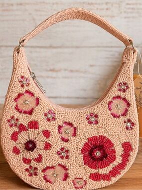 Handmade Pink Beaded Floral Shoulder Bag, Made in India.